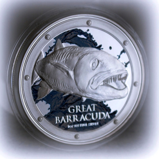 1 oz Niue 2015 Proof - GREAT BARRACUDA  - Meerwasser Aquarium - Silber Color 2$