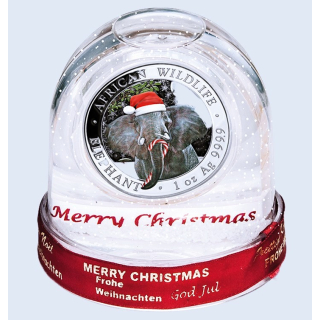 1 Unze Silber Somalia 2021 - Weihnachts Schneekugel / Christmas Edition - Elefant African Wildlife - Farbig Color
