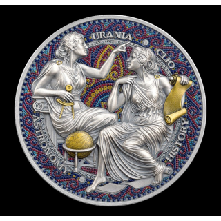 2 oz Kamerun 2026 Antique Mosaik - CLIO & URANIA - Die Neun Musen - silber Antique Finish - 2000 Francs