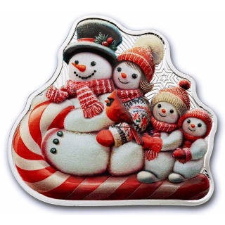 1 oz Solomon Islands 2025 - Schneemann-Familie auf Schlitten - SNOWMAN Reverse proof Shaped Coin 5 $ Farbig Color - Nur Wenige ! #1