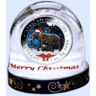 1 oz  Somalia 2022 - Weihnachts Schneekugel / Christmas Edition - Elefant African Wildlife - Silber Farbig Color