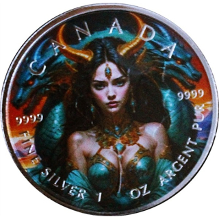 NEU* 1 oz Kanada 2025 Color - LADY DRAGONESS - Die Lady & Ihr Drache - Silber Farbe Color