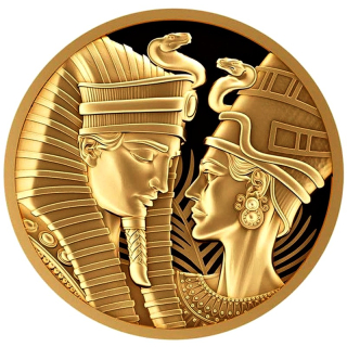 EDITION - 1/10 oz Gold Liberia 2025 Proof - AMENHOTEP IV. & NOFRETETE - Pharaonen in LOVE - Geschichte Ägyptens Pharaonenreiche - 100 $