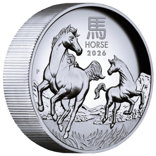 5 oz Australien 2026 High Relief Proof - JAHR des PFERDES - Year of the HORSE - Lunar 3 Serie - 8 AU$ - Silberpferd