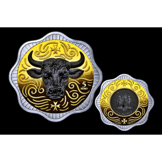 1 oz Malta 5 Euro 2025 Ruthenium Gilded - OCHSE / OX - Maltesischer Ochse - Welle / Flower - Endangered Species - Ultra High Relief Silber Multimetall