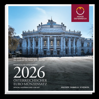 Österreich 3,88 Euro 2026 Kursmünzensatz - 250 JAHRE WIENER BURGTHEATER  - Coin Card HGH Handgehoben