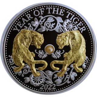 1 oz Fiji 2022 Gilded Proof  - Jahr des Tigers / Year of the Tiger - SÜSSWASSER-PERLE  / Freshwater Pearl - Silber 2$ EINZELSTÜCK