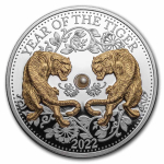 1 oz Fiji 2022 Gilded Proof  - Jahr des Tigers / Year of the Tiger - SÜSSWASSER-PERLE  / Freshwater Pearl - Silber 2$ EINZELSTÜCK