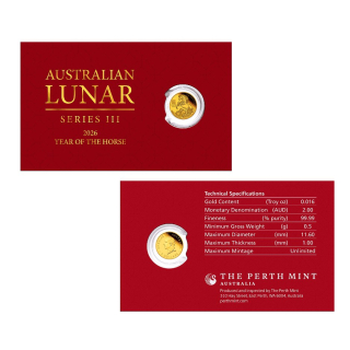 NEU** 0,5 g Gold Australien 2026 Coin Card - Jahr des Pferdes Year of the Horse - Lunar III - Goldmünze 2 AU$
