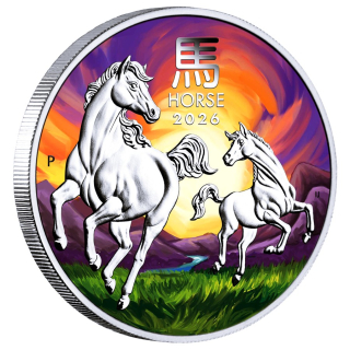 1 oz Australien 2026 COLOR Melbourne ANDA Coin Show - JAHR des PFERDES / Year of the HORSE - Das Grosse Rennen - 1 AU$ - Silberpferd Silver Horse - 1 x pro Kunde !