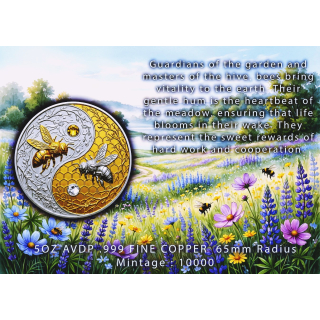 Neu in Kürze** 5 oz Kupfer/Copper Motivbarren 2026 - Die Biene Harmonie in der Natur Yin Yang Edition - GOLD & SILBER Veredelung / Kristallelemente - High Relief - Kupfer-Top-Edition - Vorverkauf !