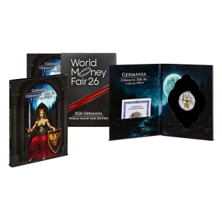 1 oz Germania 2026 LADY GERMANIA auf dem THRON - WORLD MONEY FAIR EDITION Berlin - Münzmesse Berlin - Silber GILDED - Germania Mint