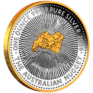 In Kürze Bestellbar Shortly available* 1 oz Australien 2026 Proof - Welcome Stranger - 40 Jahre NUGGET / 40th Anniversary of the Australian Nugget  - silber Gilded 1 AU$