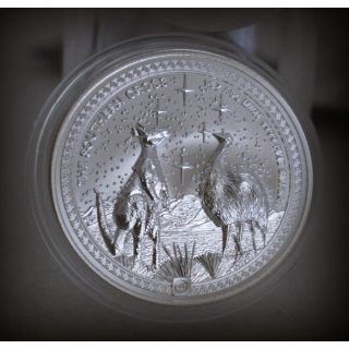 1 oz Niue 2026 High Relief BU - KÄNGURU & EMU im Südlichen Sternenhimmerl - SOUTHERN CROSS - Silber  3 mm Hochrelief - Echtbilder - Kreuz des Südens - 2 NZ$