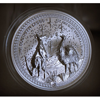 Aurinum*Top*Angebot* 1 oz Niue 2026 High Relief BU - KÄNGURU & EMU - Kreuz des Südens / im Südlichen Sternenhimmerl - SOUTHERN CROSS - Silber  3 mm Hochrelief - Silber 2 NZ$
