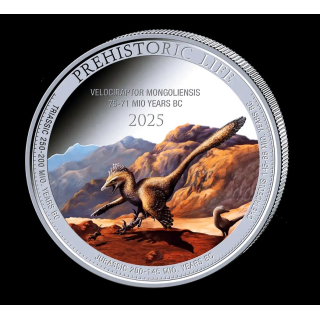 NEU**1 oz Kongo 2025 COLOR - VELOCIRAPTOR / UTAHRAPTOR - Killersaurier  Serie Prehistoric Life (17) - Silber 20 Frs