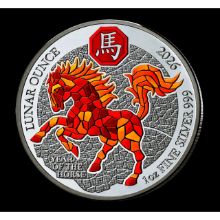 Sonderedition* NEU* 1 oz Ruanda 2026 PROOF COLOR - PFERD - LUNAR OUNCE - JAHR des PFERDES - YEAR of the HORSE - Silber - Silberpferd - 50 RWF - Auflage 188 !