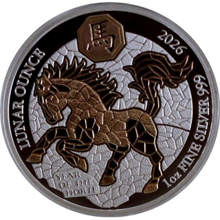 ab Lager* Echtbilder* 1 oz Ruanda 2026 PROOF ROSE Gilded - JAHR des PFERDES - YEAR of the HORSE - LUNAR OUNCE - Silber - Silberpferd - 50 RWF - Auflage 188 !