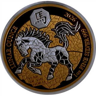 ab Lager* Echtbilder* 1 oz Ruanda 2026 PROOF GILDED - JAHR des PFERDES - YEAR of the HORSE - LUNAR OUNCE - Silber - Silberpferd - 50 RWF - Auflage 188 !