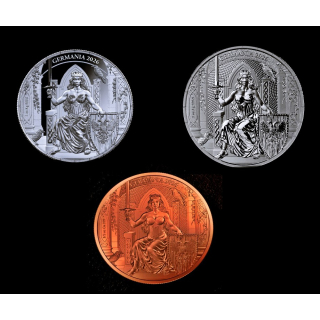 3 x 1 oz Germania 2026 SET - Proof + BU + Kupfer - LADY GERMANIA auf dem THRON - Die Königin Germaniens - Queen of Germania - Silber + Kupfer Germania Mint Sammlermünze