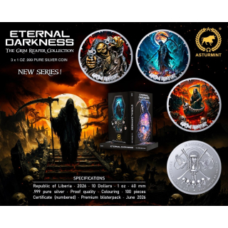 Neu* 3 x 1 oz Liberia 2026 Color - GRIM REAPER / SENSENMANN Collection - Silber Color-Edition 10$