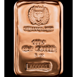 5 oz Kupferbarren/Copper Bar  Germania Mint - Hologramm mit Identcodes + individuelle Nummern - Ident code - vacuum foiled