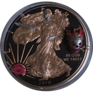 NEU* 1 oz USA 2019 Eagle - KINGS SKULL / Totenschädel  -UV-Effekt / Glow-in-the-Dark - Silber Rosegold-Veredelung