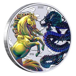 1 oz Australien 2026 OPALITE - DRACHE vs PFERD / DRAGON vs HORSE - Mythen & Legenden - Myth & Legends - Serie Silber Farbig 1AU$