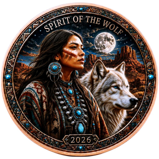 Neue Serie** 1 oz Kupferedition - Weisser Wolf & Navajo Indianerin / SPIRIT of the WOLF - Navajo Nation – North American Wildlife (2) - Copper Color - VORVERKAUF PRESALE 07