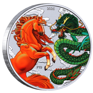 1 oz Silber Australien 2026 BU - DRACHE & PFERD / DRAGON & HORSE - Feuer und Erde / Fire & Earth - farbig -  Serie Mythen & Legenden Ausgabe - Myths & Legends - Coloured