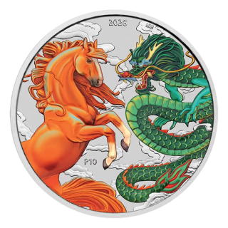 1 oz Silber Australien 2026 BU - DRACHE & PFERD / DRAGON & HORSE - Feuer und Erde - farbig -  Serie Mythen & Legenden Ausgabe - Myths & Legends - Coloured