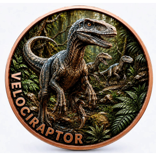Neu* 1 oz Kupferedition Color - VELOCIRAPTOR / RAPTOREN  Dinosaurier - Raubsaurier der Kreidezeit - Prähistorische Tiere (4.) mit Doppelmotiv - Kupfer - VORVERKAUF - PRESALE