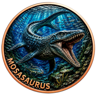 Neu* 1 oz Kupferedition Color - MOSASAURUS  PREDATOR der Urmeere - Kreidezeit -Prähistorische Tiere (5.) mit Doppelmotiv - Kupfer - VORVERKAUF - PRESALE
