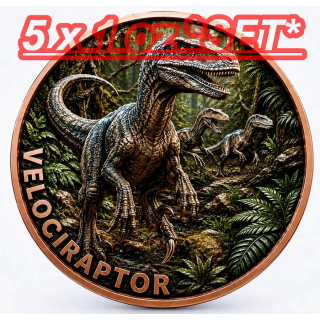 Neu* 5 x 1 oz *SET* Kupferedition Color - VELOCIRAPTOR / RAPTOREN  Dinosaurier - Raubsaurier der Kreidezeit - Prähistorische Tiere (4.) mit Doppelmotiv - Kupfer - VORVERKAUF - PRESALE