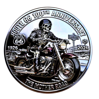 Neu** 27 g Bimetall Color Proof - Skull BIKER auf  der ROUTE 66 - 100 Jahre Americas Mother Road - Lustiges Motiv 3 - Get Your Kicks On Route 66