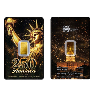 NEU** 1 g Goldbarren 2026 - 250 Jahre Amerika Unabhängigkeit / American Independence 1776 - 2026 - Coin Card Goldbarren Germania Mint
