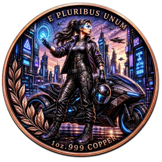 NEU** 1 oz Kupfer-Copper Edition - CYBERPUNK GIRL mit Motorrad / Neon City Lights - The Future is Now - Science Fiction  serie