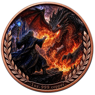 ab Lager** 1 oz Kupfer-Copper Edition - MERLIN der Zauberer vs. DRACHE - Drachenkampf - Mythen & Legenden serie