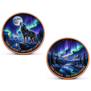 Neu* 1 oz Kupferedition - WOLF in ALASKA / Polarlichter - Aurora Bolearis - Wächter des Alaska-Gebirges - Tiermotive in der Natur (4) - DoppelFarbig Kupfer - VORVERKAUF - PRESALE ! - nur bei Aurinum !