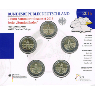 5 x 2 Euro Deutschland 2016 Sachsen Dresdner Zwinger A, D, F, G, J, im Blister ST