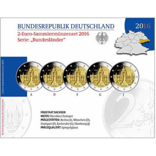5 x 2 Euro Deutschland 2016 Sachsen Dresdner Zwinger A, D, F, G, J, Proof im Blister