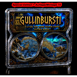 Sonderedition-Auflage 75 ** 2 x 1 oz Germania Beasts 2025 Color Gilded - GULLINBURSTI  Das Goldene Wildschwein des Gottes FREYR - Silber Infinty-Premium-Doppelkapsel - Germania Beasts