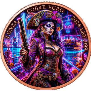 Neu ** 1 oz Kupfer-Copper Edition - CATRINA Piratenstyle  - Tag der Toten - Day of the Dead Dia de Los Muertos - Color High relief - 3-Dimensionaler Effekt -  Vorverkauf / Presale!