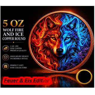 Neu* 5 oz Kupfer-Premium-Edition - Der WOLF Feuer & Eis / Fire & Ice - nur 2 x - Copper-Color High relief - Vorverkauf / Presale