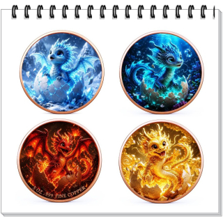 4 x 1 oz *SET* Kupferedition - BABYDRACHEN - Eis Wasser Golden Feuer Drachen - Die Legende der Drachenbabies - Copper Color - VORVERKAUF PRESALE
