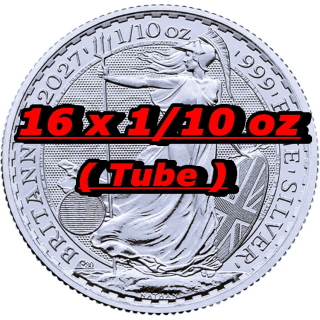 NEU* 16 x 1/10 oz BRITANNIA 2027 BU TUBE - UK Großbritannien - Silber 20 pence - 30 Jahre Britannia - SilberspotAbhängig
