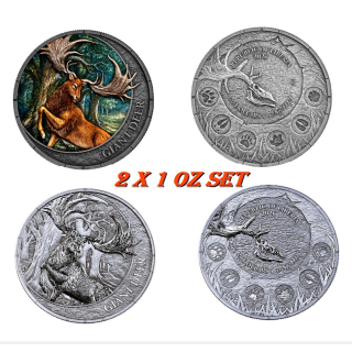 2 x 1 oz *SET* Liberia 2026 BU + Oblivion - GIANT DEER / der Riesenhirsch -  MEGAFAUNA (2.) - Silber 20$ - Germania Mint
