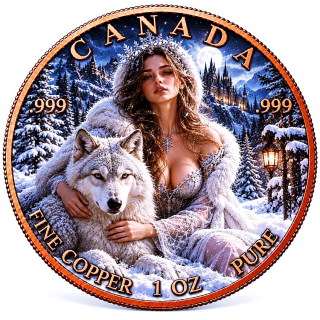NEU** 1 oz Kupfer Color - Maple Leaf EISPRINZESSIN & Der Schneewolf