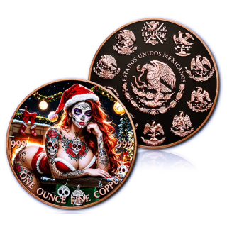 NEU** 1 oz Kupfer Color - SANTA GIRL Dia de Los Muertos (1) - Frohe Weihnachten / Merry Christmas