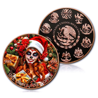 NEU** 1 oz Kupfer Color - SANTA GIRL Dia de Los Muertos (2) - Frohe Weihnachten / Merry Christmas